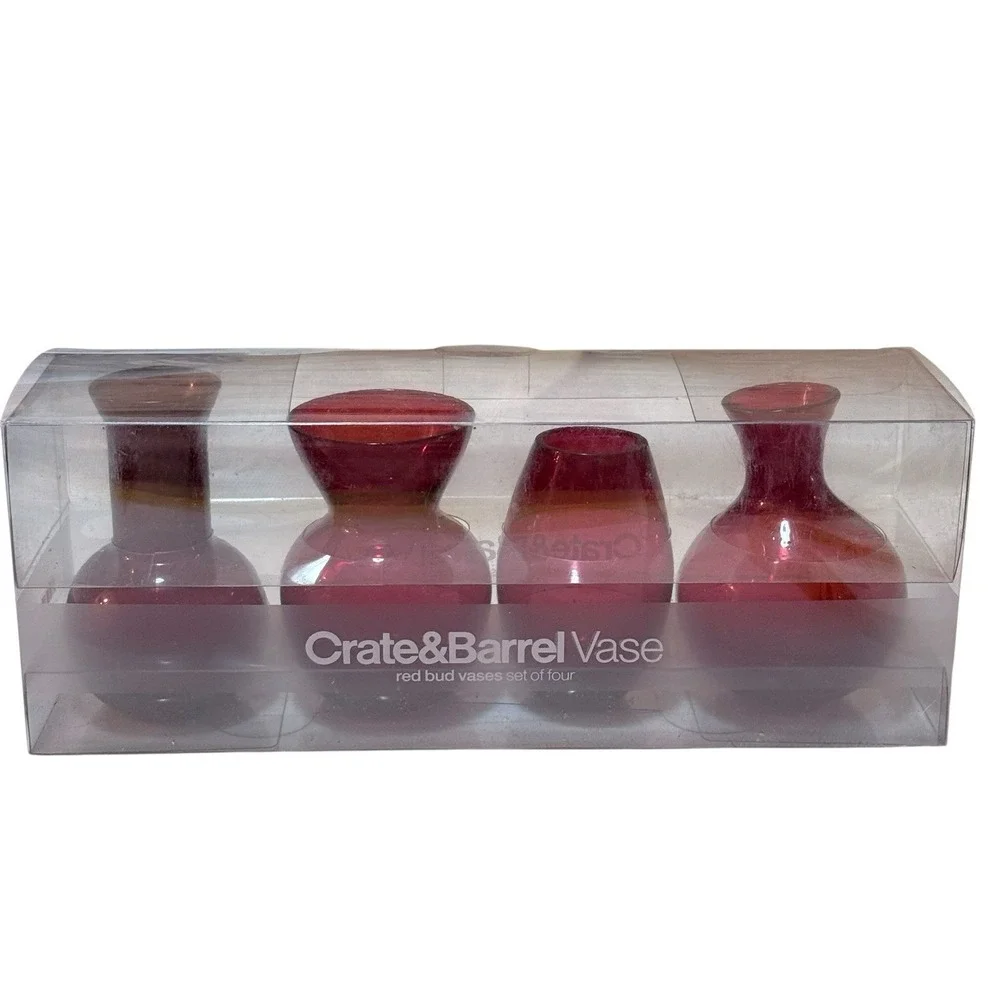 Crate & Barrel Ruby Red Bud‎ Vases Set of 4 In Package Mouth Blown Glass